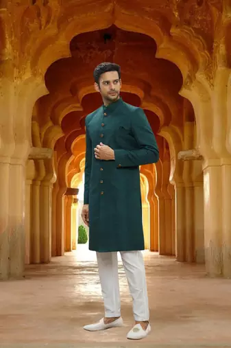 Men's green woven sherwani