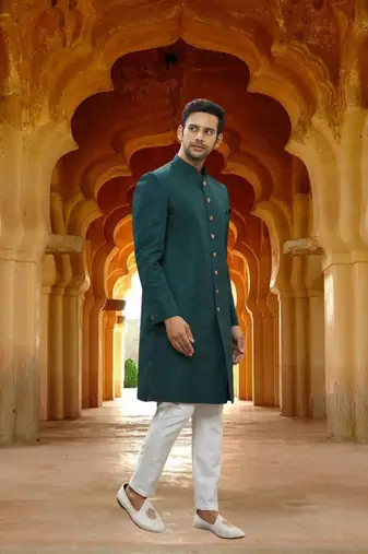 Men's green woven sherwani