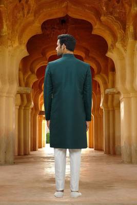 Men's green woven sherwani 4