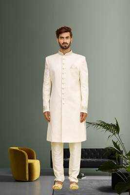 Cream Wedding Sherwani for Men With Embroidery 1