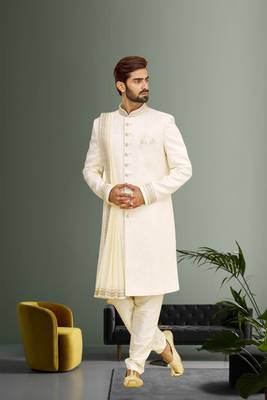 Cream Wedding Sherwani for Men With Embroidery 2