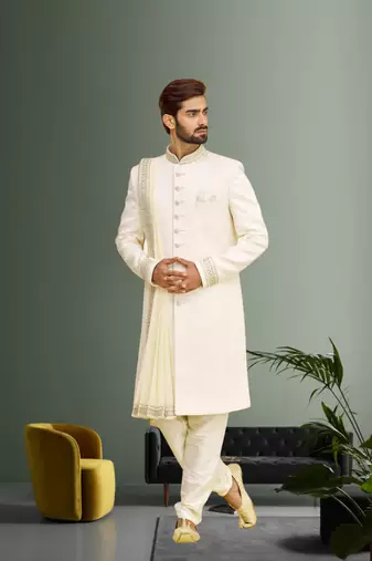 Cream Wedding Sherwani for Men With Embroidery