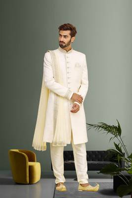 Cream Wedding Sherwani for Men With Embroidery 3