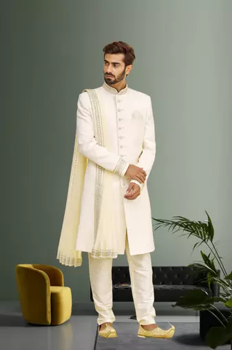 Cream Wedding Sherwani for Men With Embroidery