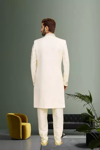 Cream Wedding Sherwani for Men With Embroidery
