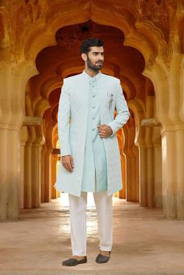 Men's sky blue woven sherwani with jacket 1