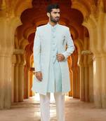 Men's sky blue woven sherwani with jacket