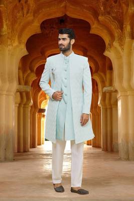 Men's sky blue woven sherwani with jacket 2