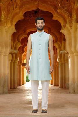 Men's sky blue woven sherwani with jacket 3