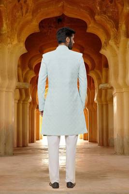 Men's sky blue woven sherwani with jacket 4