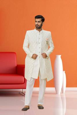 Men's lemon yellow woven sherwani with jacket 1