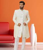 Men's lemon yellow woven sherwani with jacket