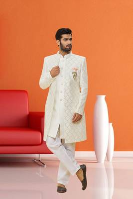 Men's lemon yellow woven sherwani with jacket 2