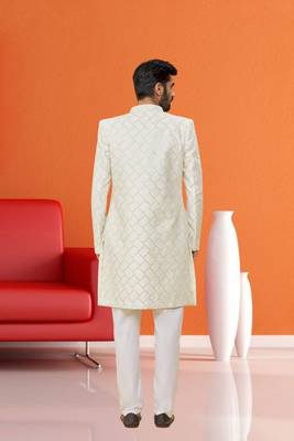 Men's lemon yellow woven sherwani with jacket 4