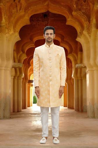 Men's yellow woven sherwani