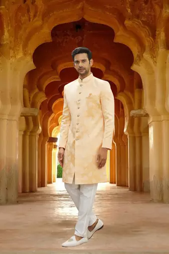 Men's yellow woven sherwani