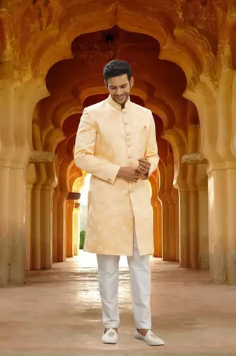 Men's yellow woven sherwani