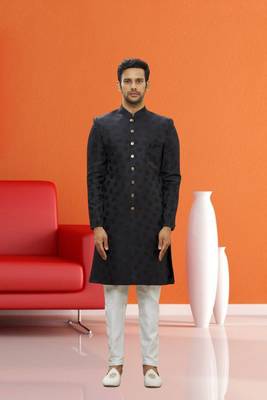 Men's black woven sherwani 1