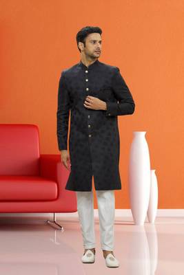 Men's black woven sherwani 2