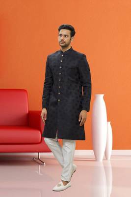 Men's black woven sherwani 3