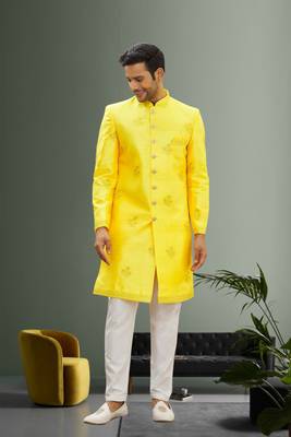 Men's yellow embroidered sherwani 1