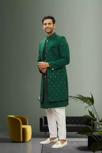 Men's green embroidered sherwani with jacket