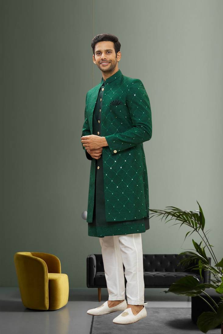 Men's green embroidered sherwani with jacket