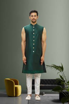 Men's green embroidered sherwani with jacket 3