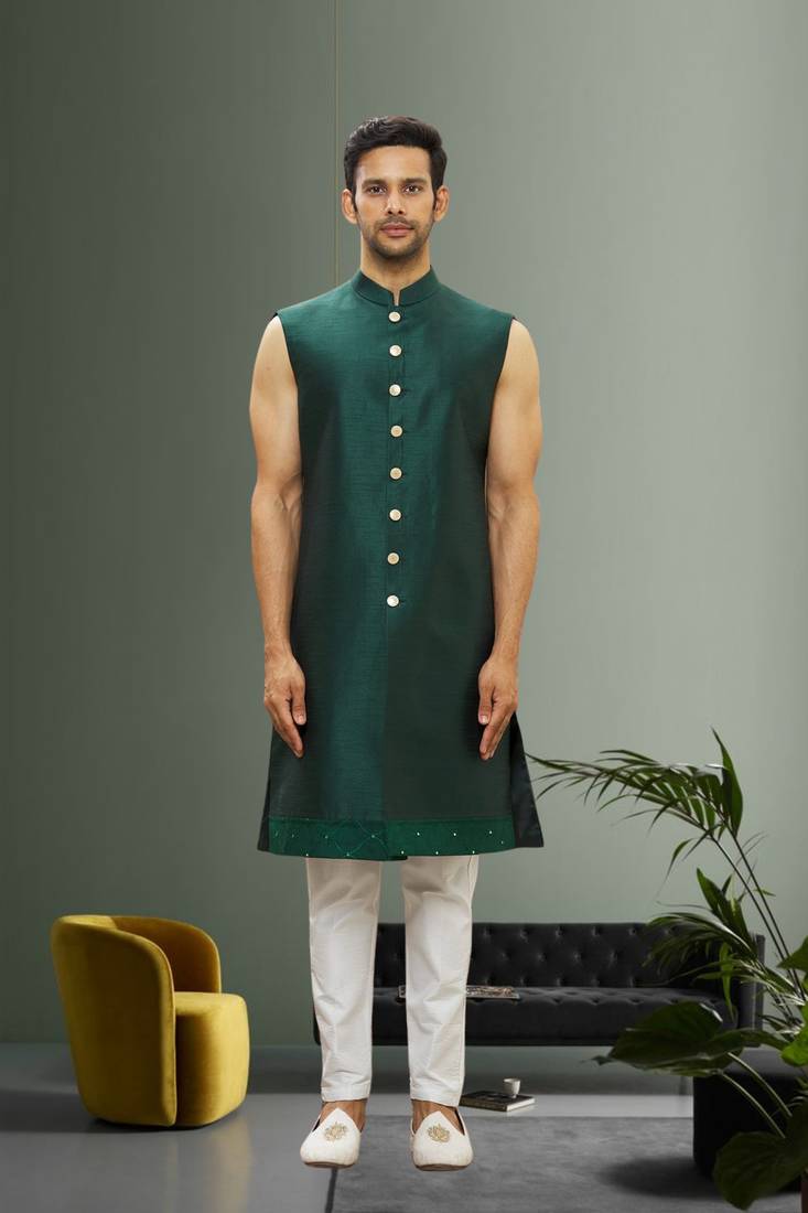 Men's green embroidered sherwani with jacket