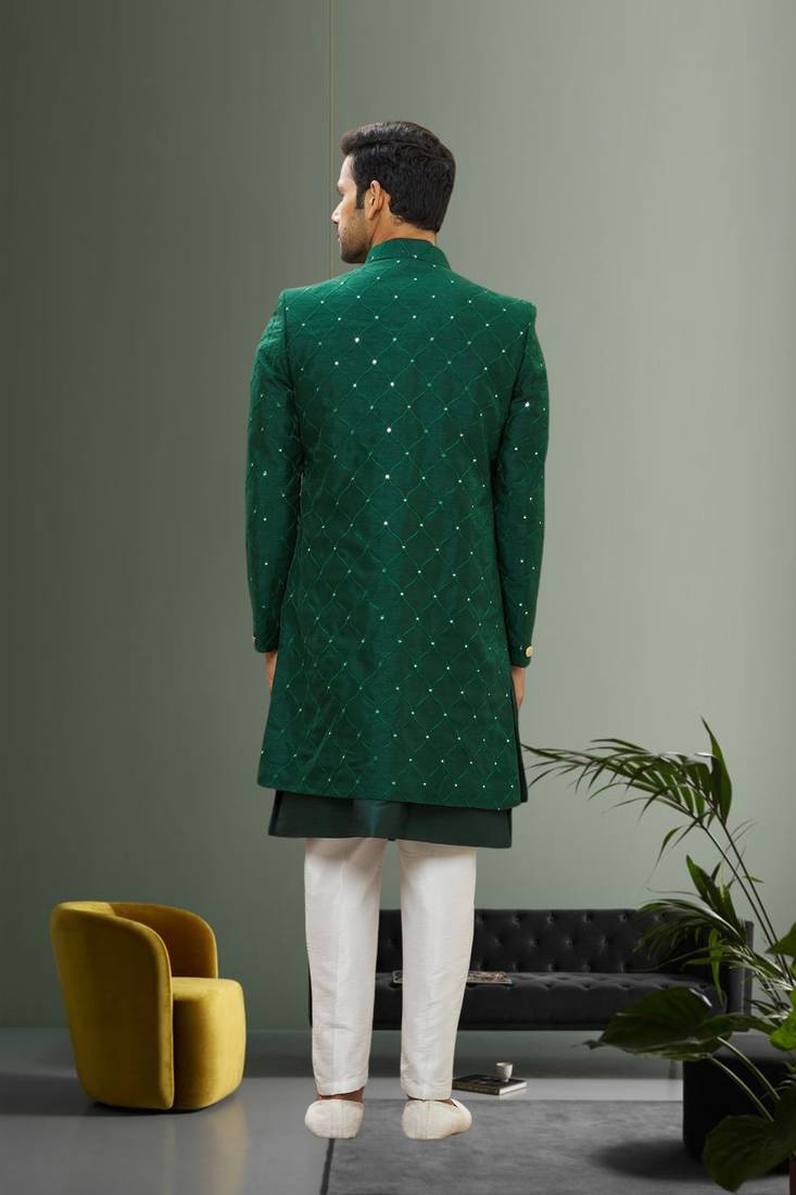 Men's green embroidered sherwani with jacket