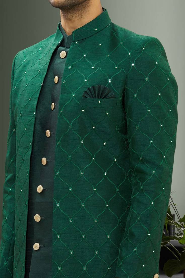 Men's green embroidered sherwani with jacket