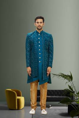 Men's turquoise embroidered sherwani 1