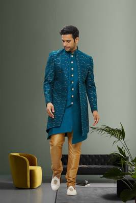 Men's turquoise embroidered sherwani 2
