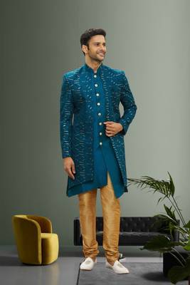 Men's turquoise embroidered sherwani 3