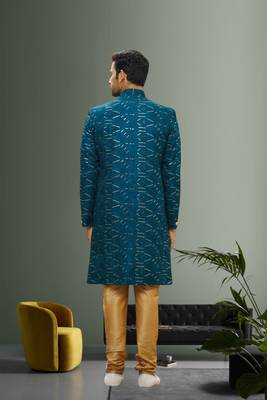 Men's turquoise embroidered sherwani 4