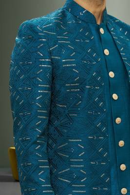 Men's turquoise embroidered sherwani 5