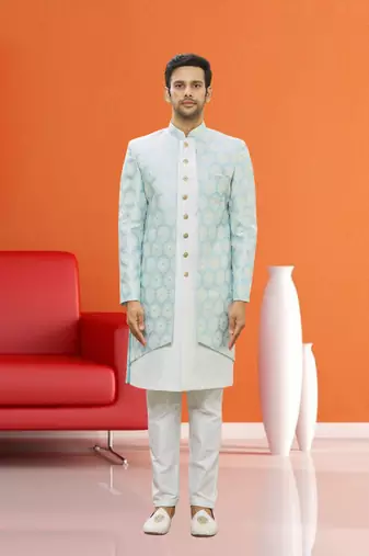 Men's sky blue woven sherwani