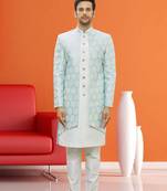 Men's sky blue woven sherwani