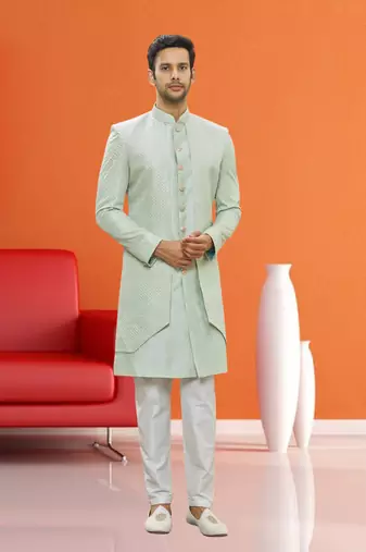 Men's pista green woven sherwani