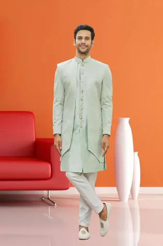 Men's pista green woven sherwani