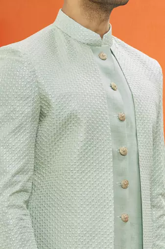 Men's pista green woven sherwani