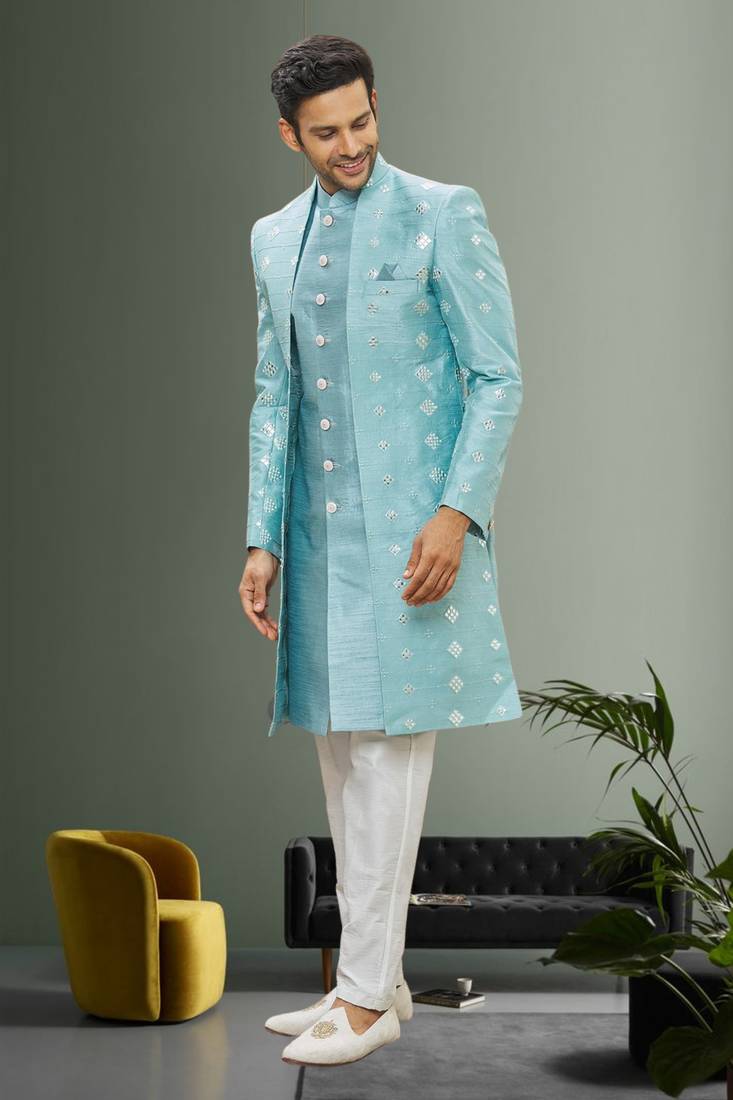 Men's sky blue embroidered sherwani