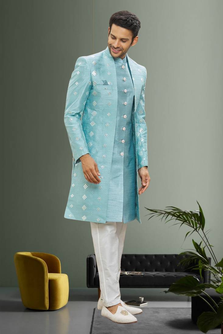 Men's sky blue embroidered sherwani