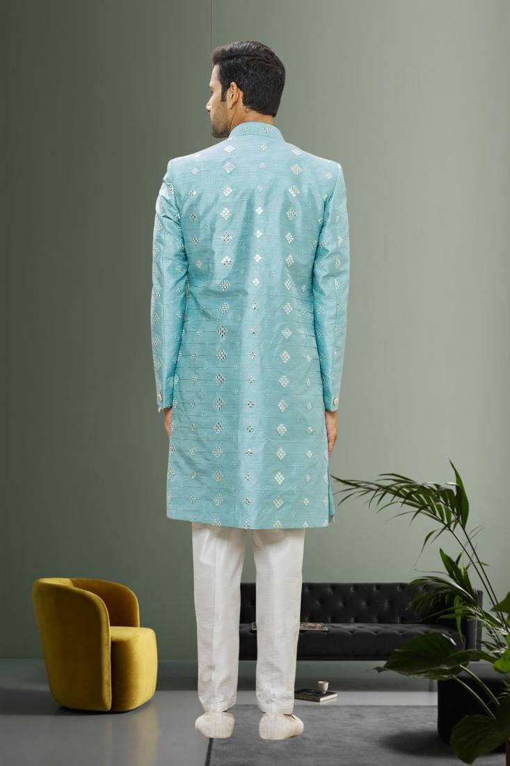 Men's sky blue embroidered sherwani