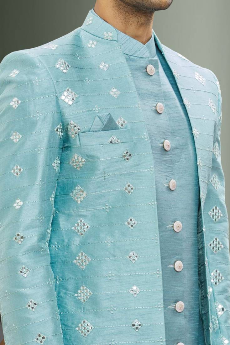 Men's sky blue embroidered sherwani