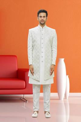 Men's cream woven sherwani 1