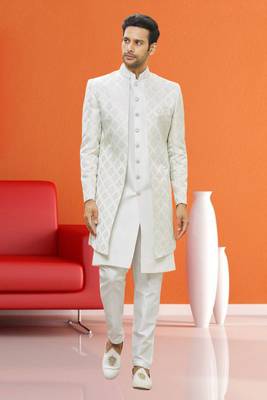 Men's cream woven sherwani 2