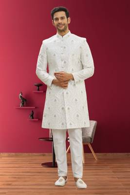 Men's cream woven sherwani 1