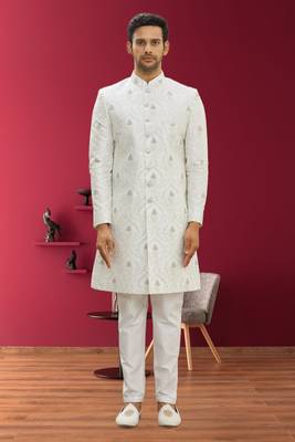 Men's cream woven sherwani 2