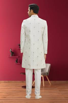 Men's cream woven sherwani 4